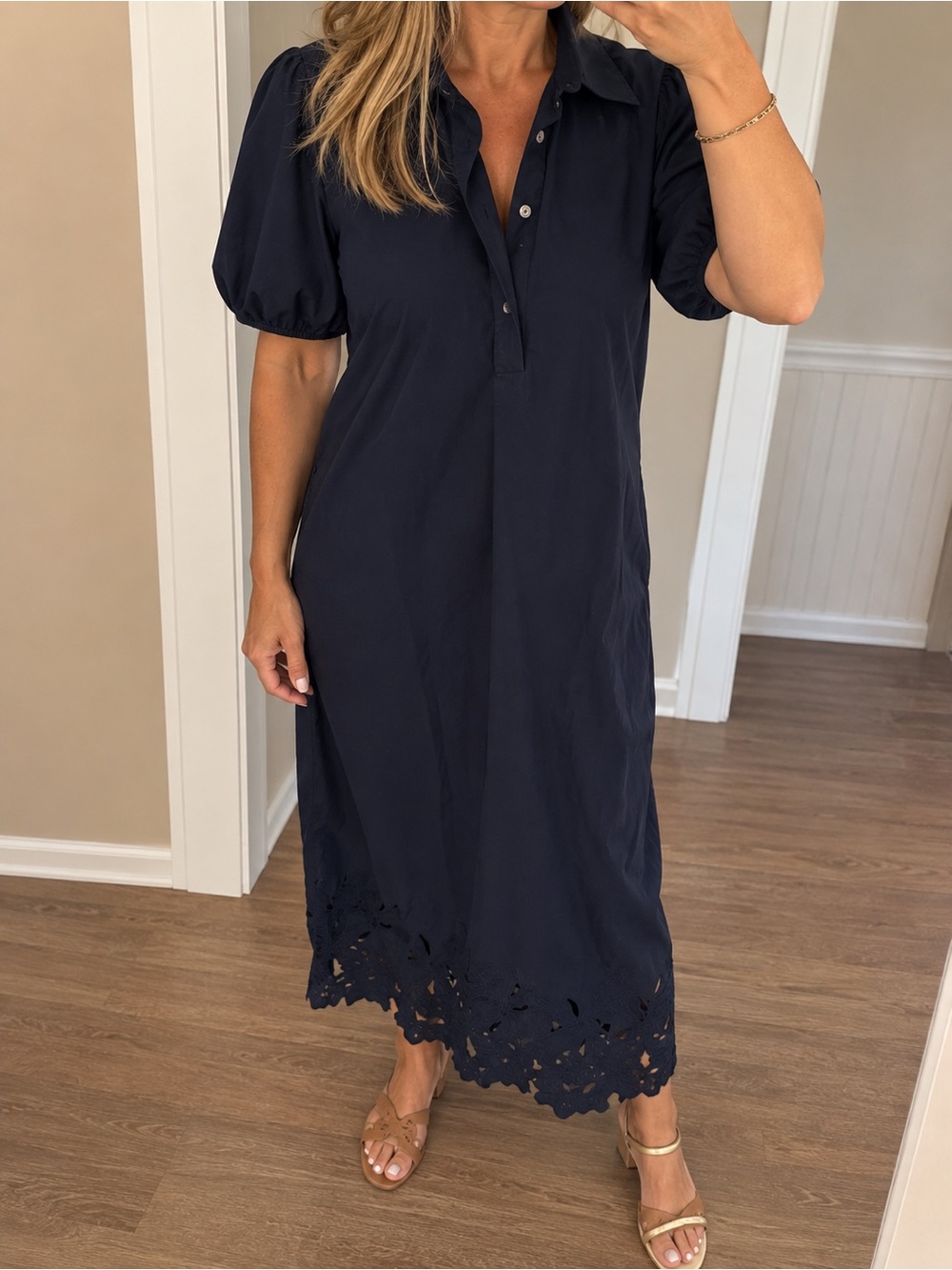J. Crew Navy Puff-Sleeve Maxi Dress with Eyelet Hem